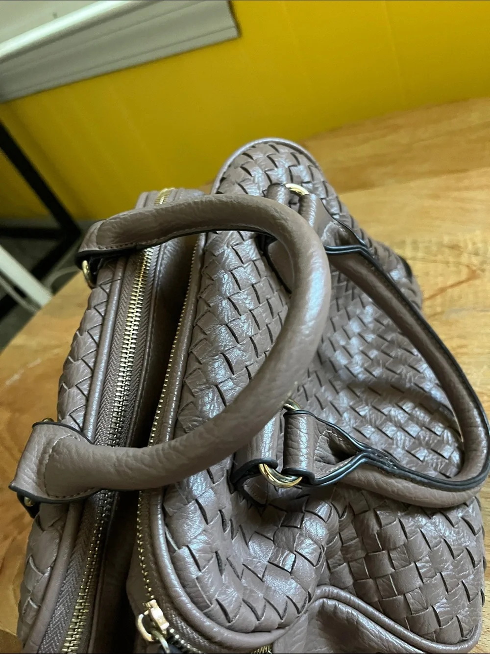 Woven Leather Satchel in Taupe